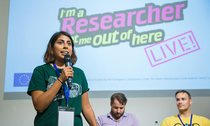Three researchers presenting at the 'I'm a Researcher, Get Me Out of Here' live event at Curiosity Carnival 2017, Photo by Ian Wallman.