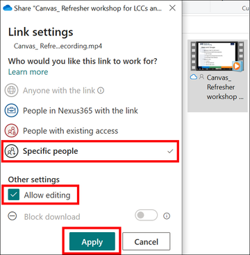 An example of how to share a video recording via OneDrive